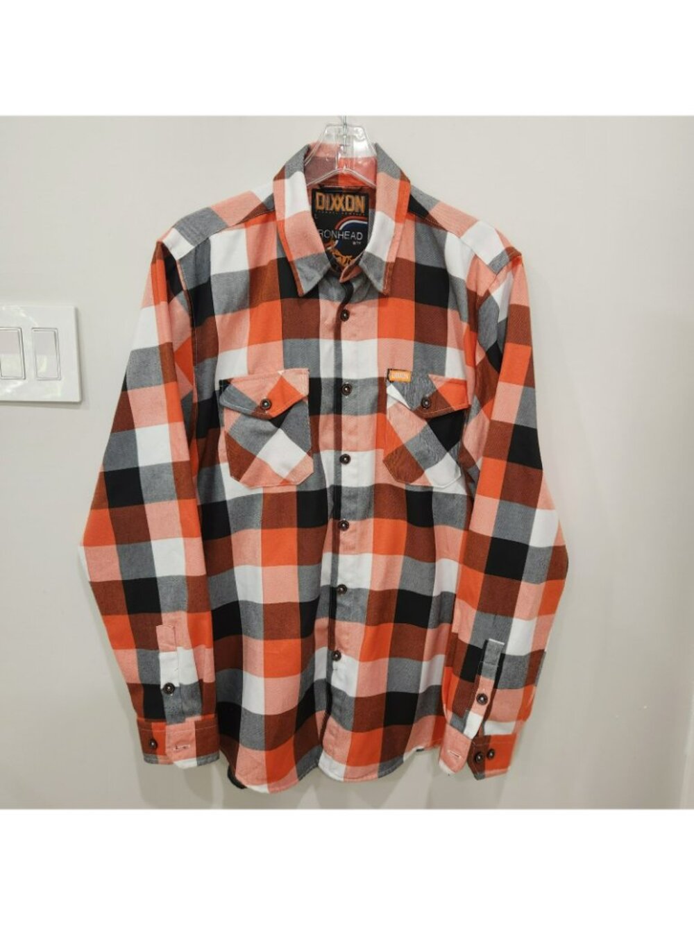 Dixxon Flannel Shirt Mens L Black Gray Orange Plaid Check IronHead WTF Workwear